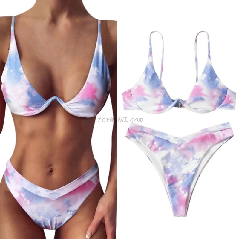 Women Sexy Brazilian 2 Piece Swimming Suit Bikini Set Gradient Tie-Dye Printed Push Up Underwire Swimsuit High Cut Bathing Suit