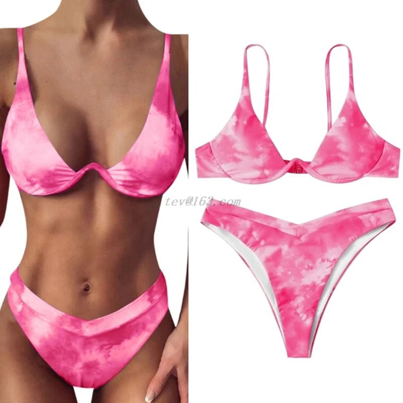 Women Sexy Brazilian 2 Piece Swimming Suit Bikini Set Gradient Tie-Dye Printed Push Up Underwire Swimsuit High Cut Bathing Suit
