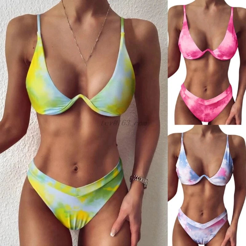 Women Sexy Brazilian 2 Piece Swimming Suit Bikini Set Gradient Tie-Dye Printed Push Up Underwire Swimsuit High Cut Bathing Suit