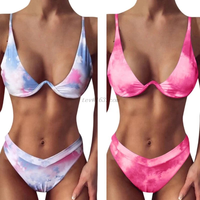 Women Sexy Brazilian 2 Piece Swimming Suit Bikini Set Gradient Tie-Dye Printed Push Up Underwire Swimsuit High Cut Bathing Suit
