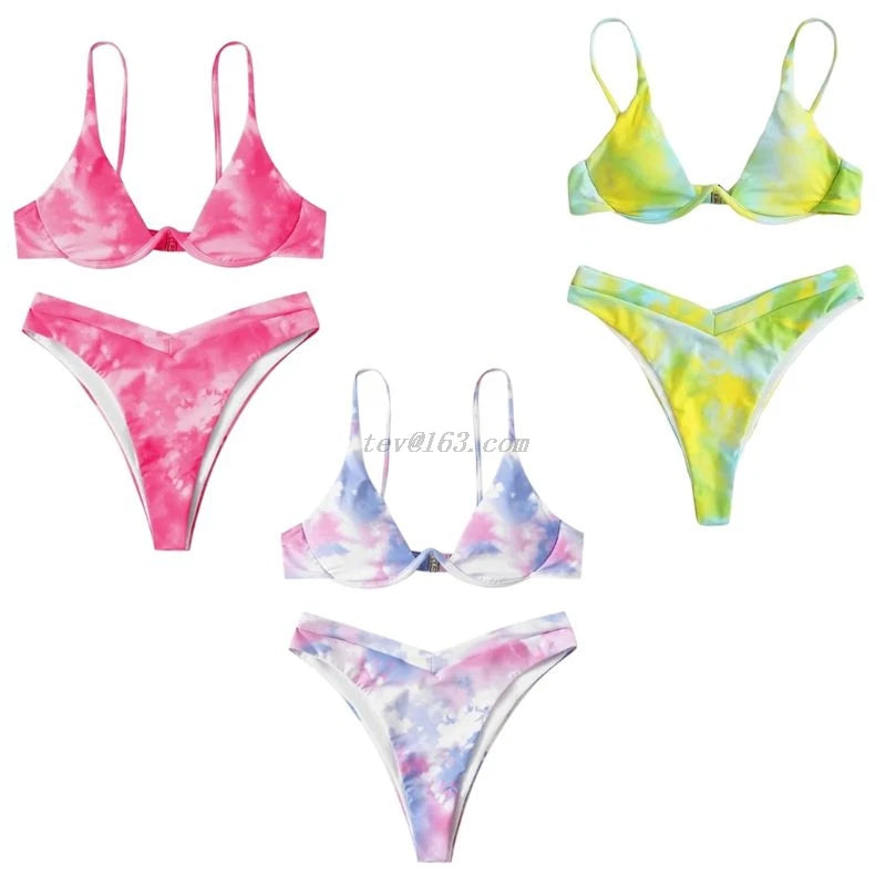 Women Sexy Brazilian 2 Piece Swimming Suit Bikini Set Gradient Tie-Dye Printed Push Up Underwire Swimsuit High Cut Bathing Suit
