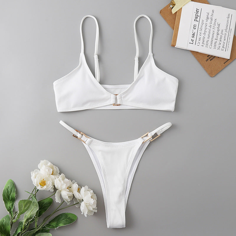 Solid Color Ribbed Bikini Set for Women